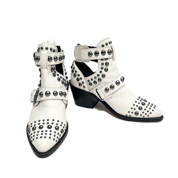 KURT GEIGER LONDON | White leather dome studded Sybil biker ankle boots - Picture 4 of 9